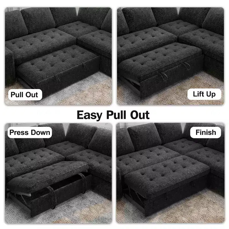 Dyonery 7-seater U-shaped sofa, Modular sofa bed, with pull-out bed, reclining backrest, storage cabinet, tool-free assembly, snow velvet