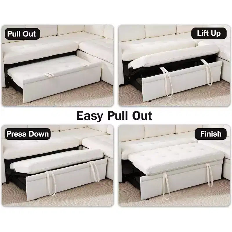 Dyonery 7-seater U-shaped sofa, Modular sofa bed, with pull-out bed, reclining backrest, storage cabinet, tool-free assembly, snow velvet