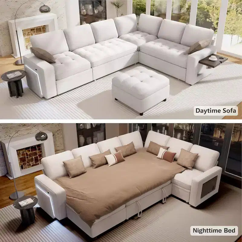 Dyonery 7-seater U-shaped sofa, Modular sofa bed, with pull-out bed, reclining backrest, storage cabinet, tool-free assembly, snow velvet