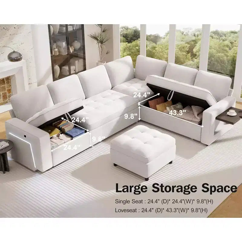 Dyonery 7-seater U-shaped sofa, Modular sofa bed, with pull-out bed, reclining backrest, storage cabinet, tool-free assembly, snow velvet