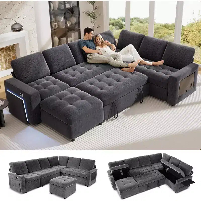 Dyonery 7-seater U-shaped sofa, Modular sofa bed, with pull-out bed, reclining backrest, storage cabinet, tool-free assembly, snow velvet