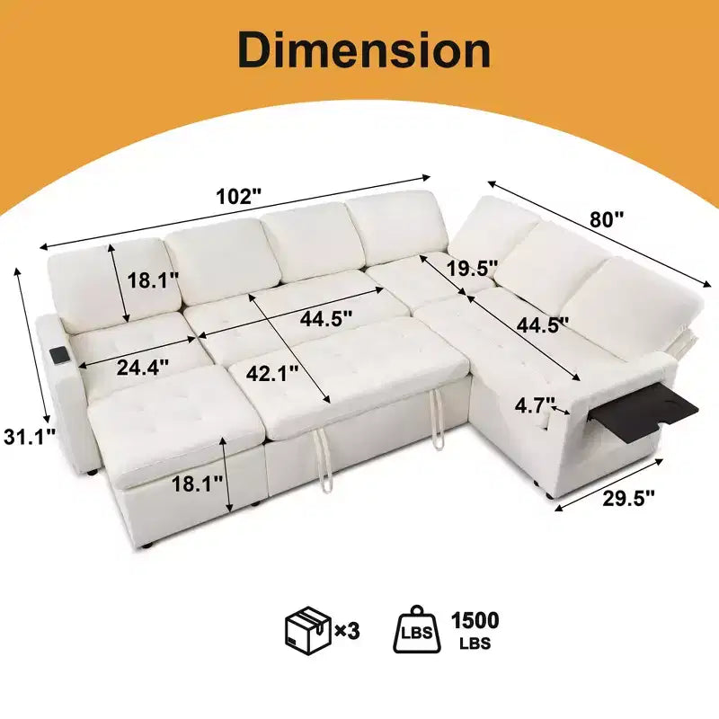 Dyonery 7-seater U-shaped sofa, Modular sofa bed, with pull-out bed, reclining backrest, storage cabinet, tool-free assembly, snow velvet