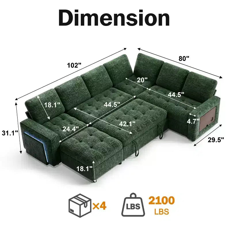 Dyonery 7-seater U-shaped sofa, Modular sofa bed, with pull-out bed, reclining backrest, storage cabinet, tool-free assembly, snow velvet
