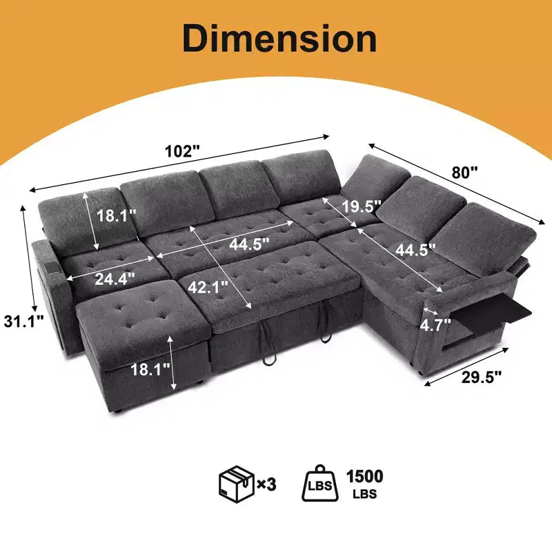 Dyonery 7-seater U-shaped sofa, Modular sofa bed, with pull-out bed, reclining backrest, storage cabinet, tool-free assembly, snow velvet