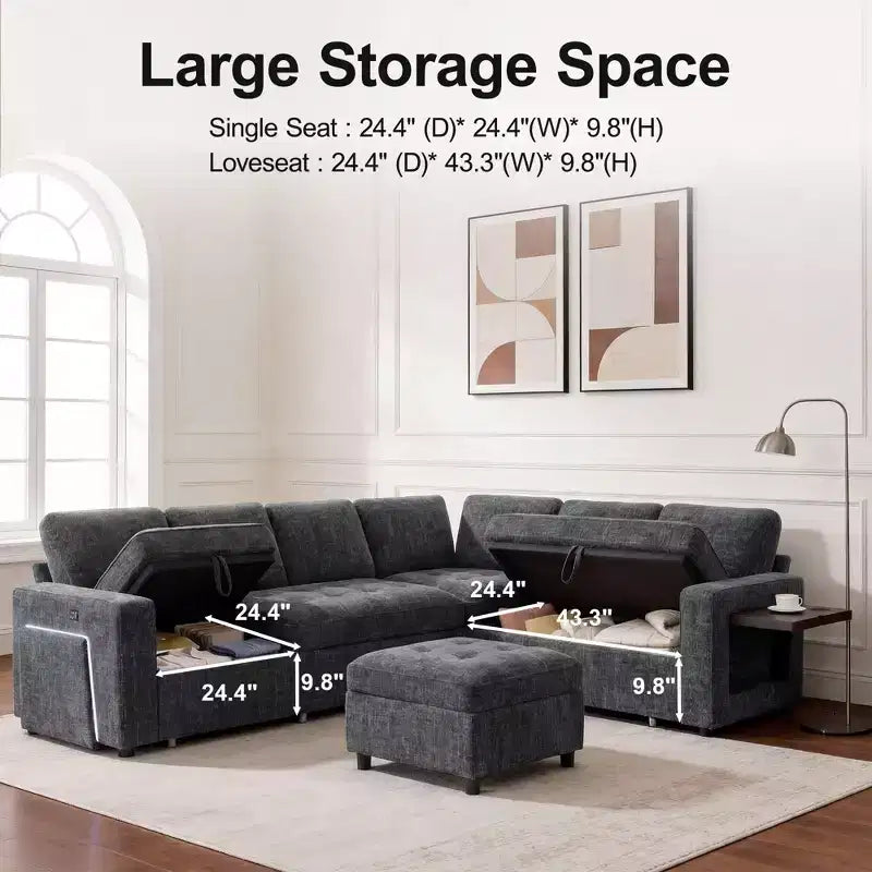 Dyonery 7-seater U-shaped sofa, Modular sofa bed, with pull-out bed, reclining backrest, storage cabinet, tool-free assembly, snow velvet