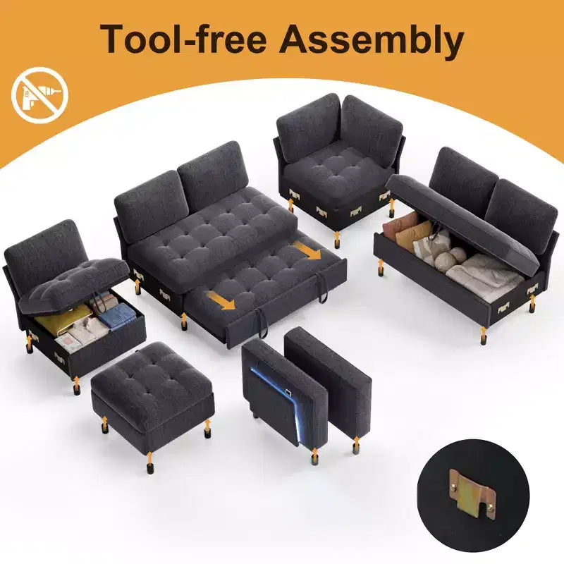 Dyonery 7-seater U-shaped sofa, Modular sofa bed, with pull-out bed, reclining backrest, storage cabinet, tool-free assembly, snow velvet