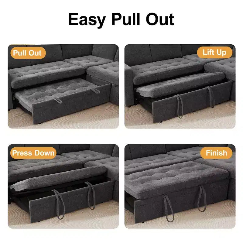 Dyonery 7-seater U-shaped sofa, Modular sofa bed, with pull-out bed, reclining backrest, storage cabinet, tool-free assembly, snow velvet
