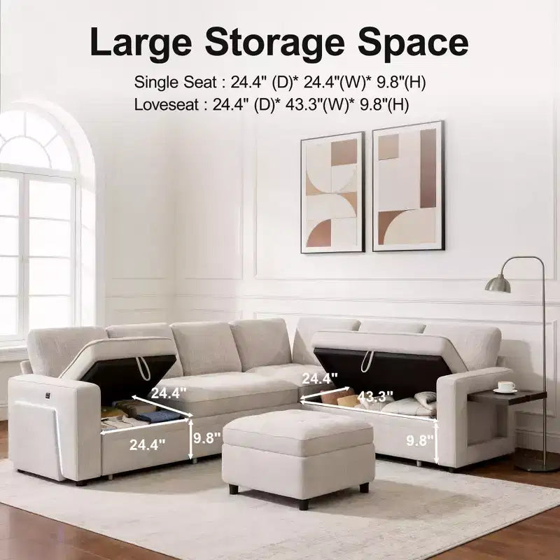 Dyonery 7-seater U-shaped sofa, Modular sofa bed, with pull-out bed, reclining backrest, storage cabinet, tool-free assembly, snow velvet
