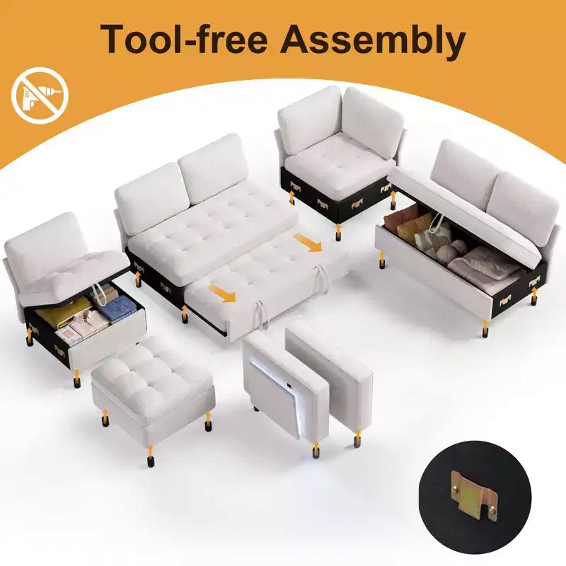 Dyonery 7-seater U-shaped sofa, Modular sofa bed, with pull-out bed, reclining backrest, storage cabinet, tool-free assembly, snow velvet