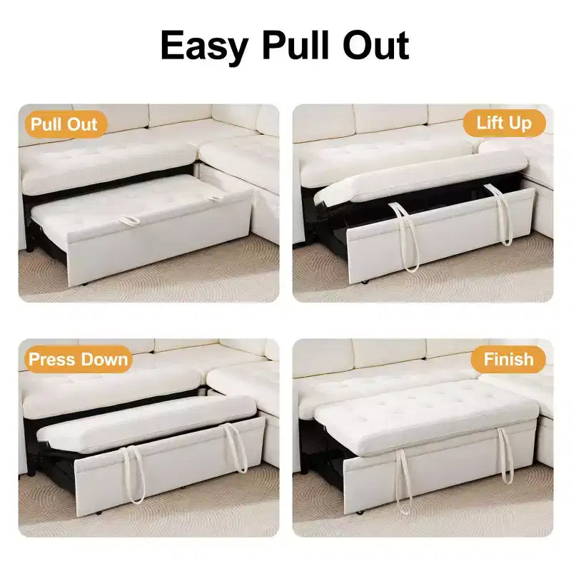 Dyonery 7-seater U-shaped sofa, Modular sofa bed, with pull-out bed, reclining backrest, storage cabinet, tool-free assembly, snow velvet