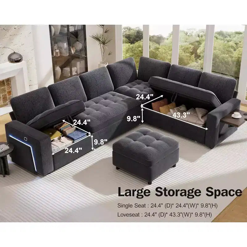 Dyonery 7-seater U-shaped sofa, Modular sofa bed, with pull-out bed, reclining backrest, storage cabinet, tool-free assembly, snow velvet