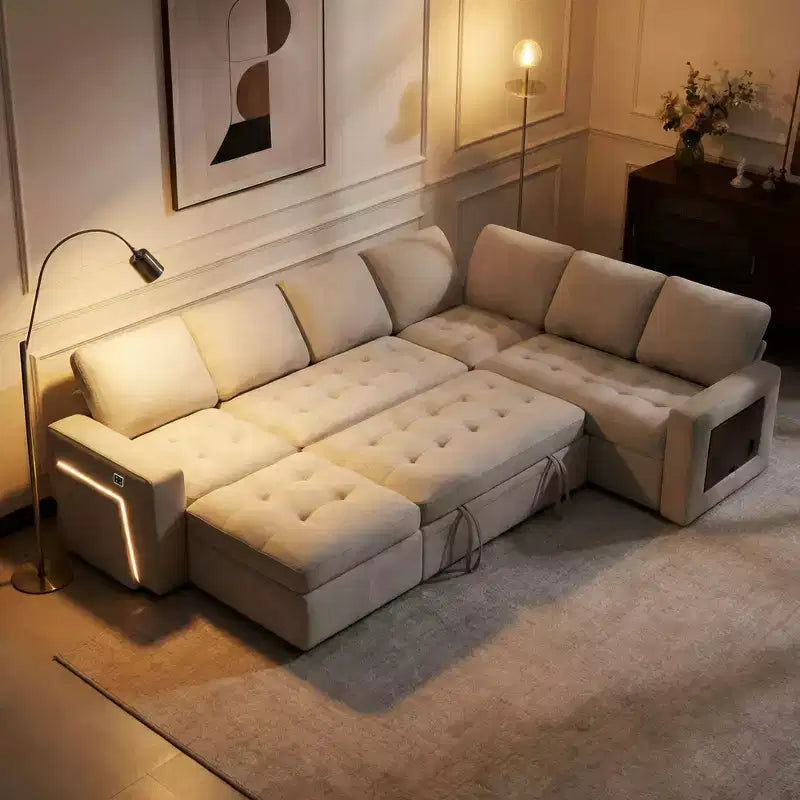 Dyonery 7-seater U-shaped sofa, Modular sofa bed, with pull-out bed, reclining backrest, storage cabinet, tool-free assembly, snow velvet