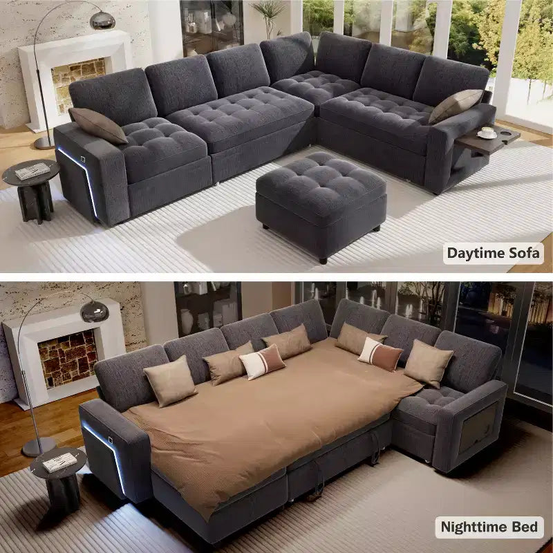 Dyonery 7-Seat Modular Sectional Sleeper Sofa with Pull-Out Bed, Reclining Backrest, USB Ports, Table, LED Lights & Storage Seats