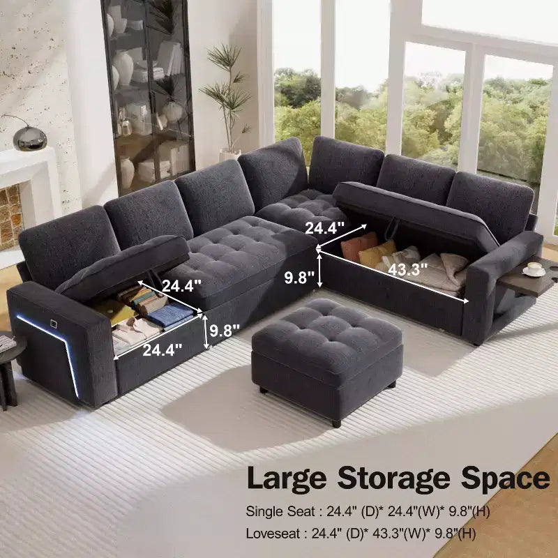 Dyonery 7-Seat Modular Sectional Sleeper Sofa with Pull-Out Bed, Reclining Backrest, USB Ports, Table, LED Lights & Storage Seats