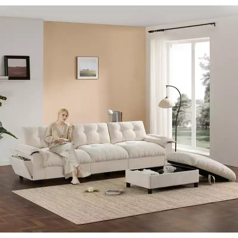 Modern Sectional Sofa L-Shape Sofa Upholstered Cloud Sofa with Charging Ports&Cup Holder&Side Storage Pockets&Movable Storage Ottoman -ModernLuxe