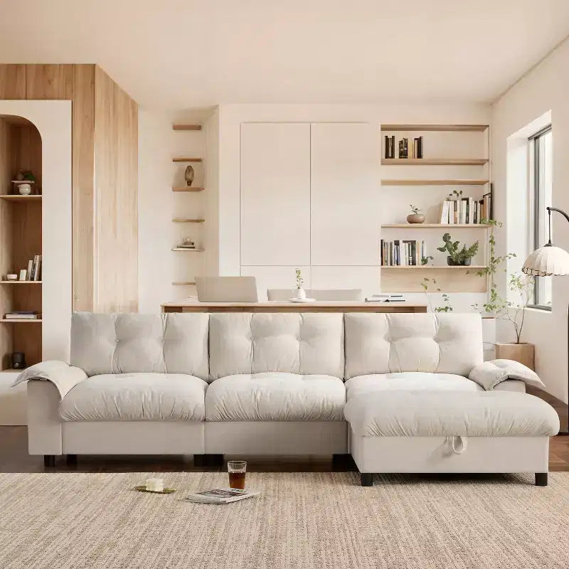 Modern Sectional Sofa L-Shape Sofa Upholstered Cloud Sofa with Charging Ports&Cup Holder&Side Storage Pockets&Movable Storage Ottoman -ModernLuxe