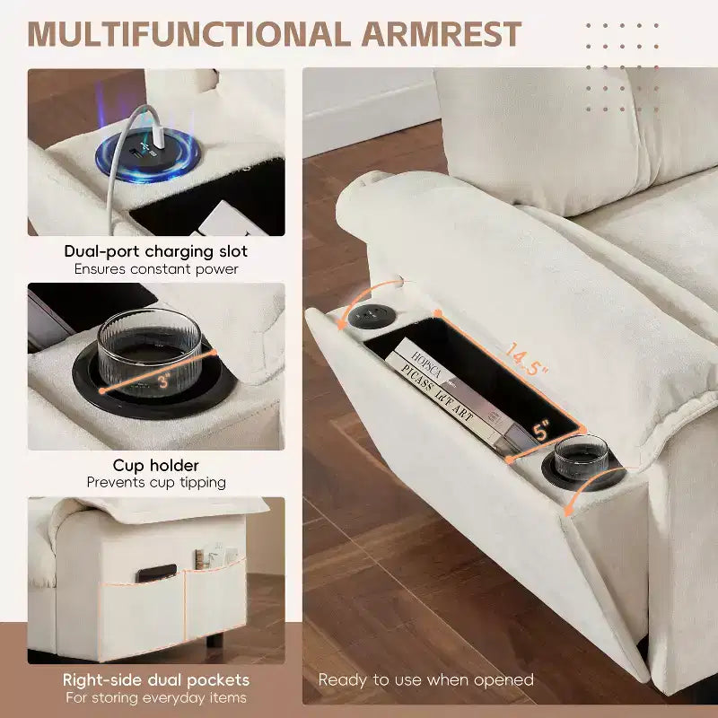 Modern Sectional Sofa L-Shape Sofa Upholstered Cloud Sofa with Charging Ports&Cup Holder&Side Storage Pockets&Movable Storage Ottoman -ModernLuxe