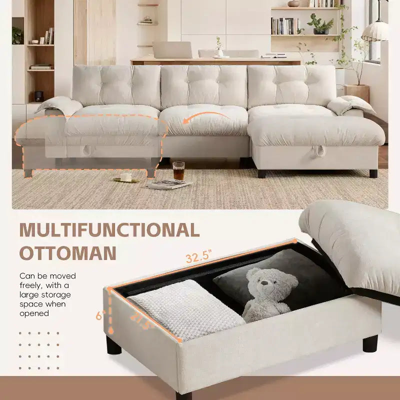 Modern Sectional Sofa L-Shape Sofa Upholstered Cloud Sofa with Charging Ports&Cup Holder&Side Storage Pockets&Movable Storage Ottoman -ModernLuxe
