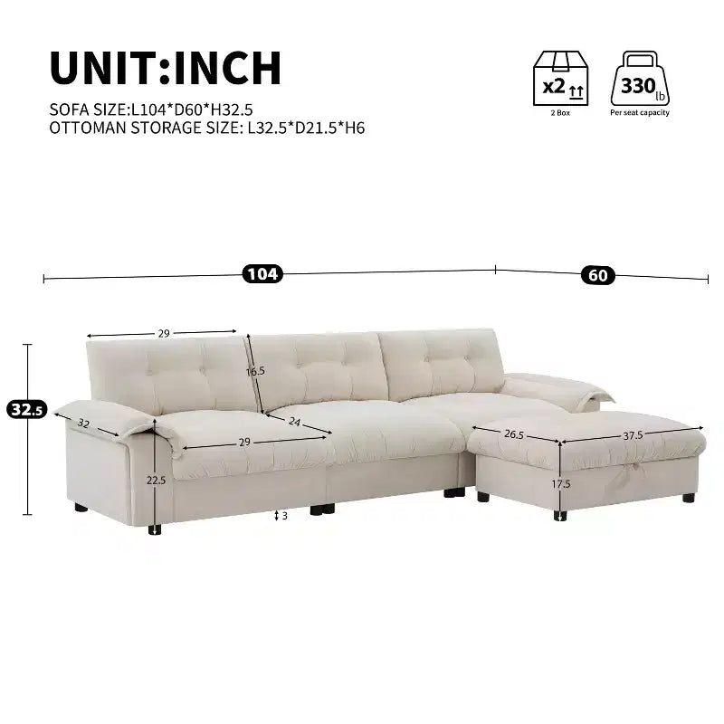 Modern Sectional Sofa L-Shape Sofa Upholstered Cloud Sofa with Charging Ports&Cup Holder&Side Storage Pockets&Movable Storage Ottoman -ModernLuxe
