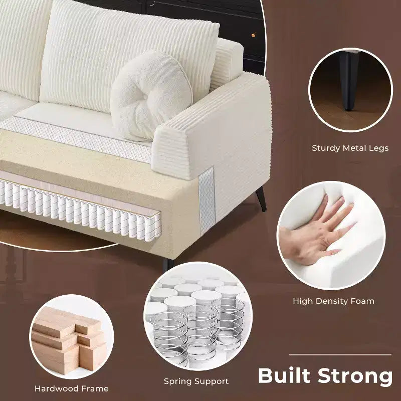 ATJafurn White Corduroy Sectional Sofa Couch Modern Modular Oversized Upholstered Recliner Sleeper with Comfy Pillows and Deep Seat for Living Room