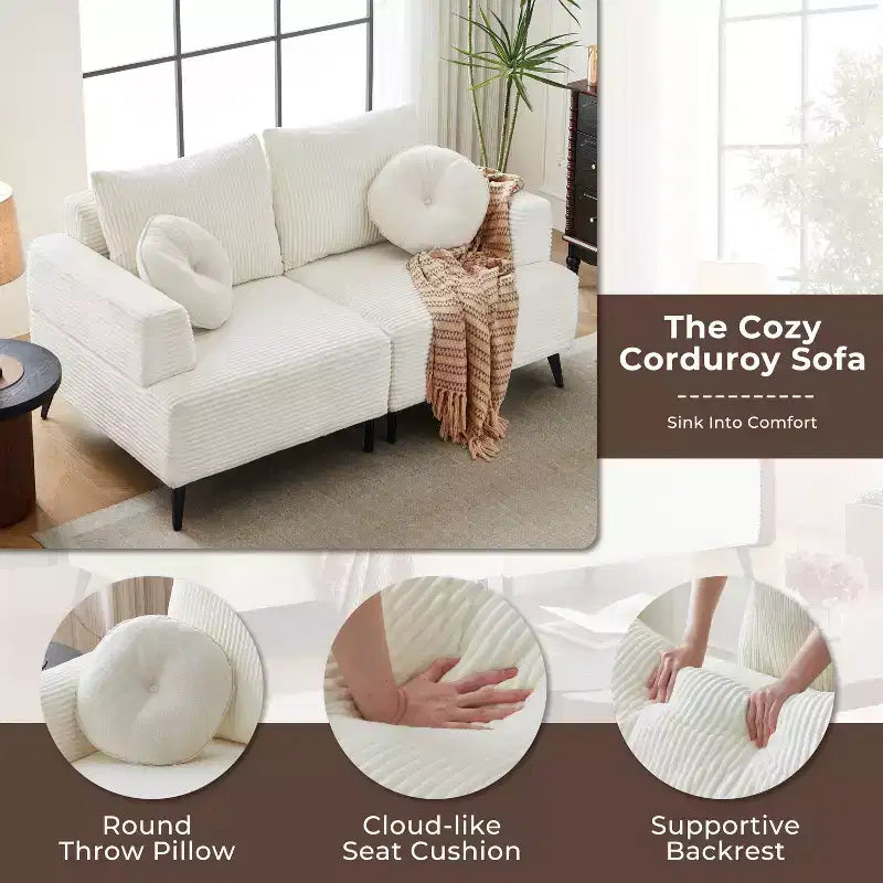 ATJafurn White Corduroy Sectional Sofa Couch Modern Modular Oversized Upholstered Recliner Sleeper with Comfy Pillows and Deep Seat for Living Room