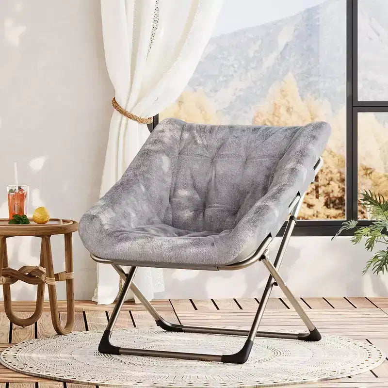 Folding Chair for Adults, Comfy Faux Fur Reading Lounge Chair with Plush Cushion & Metal Legs, No Assembly, Space-Saving,Dorms