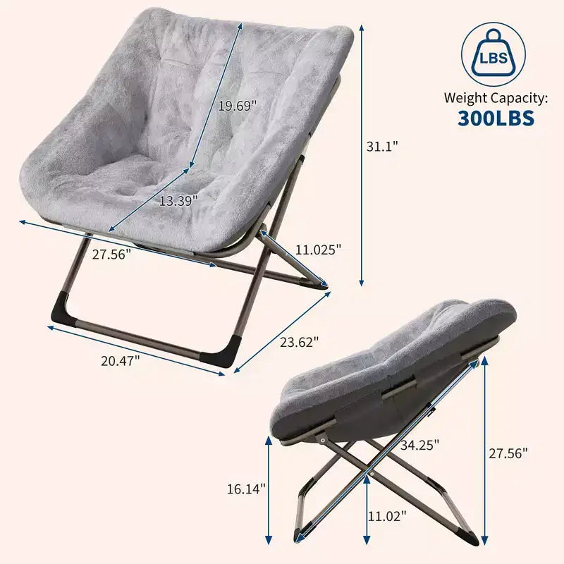 Folding Chair for Adults, Comfy Faux Fur Reading Lounge Chair with Plush Cushion & Metal Legs, No Assembly, Space-Saving,Dorms