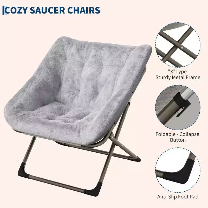 Folding Chair for Adults, Comfy Faux Fur Reading Lounge Chair with Plush Cushion & Metal Legs, No Assembly, Space-Saving,Dorms