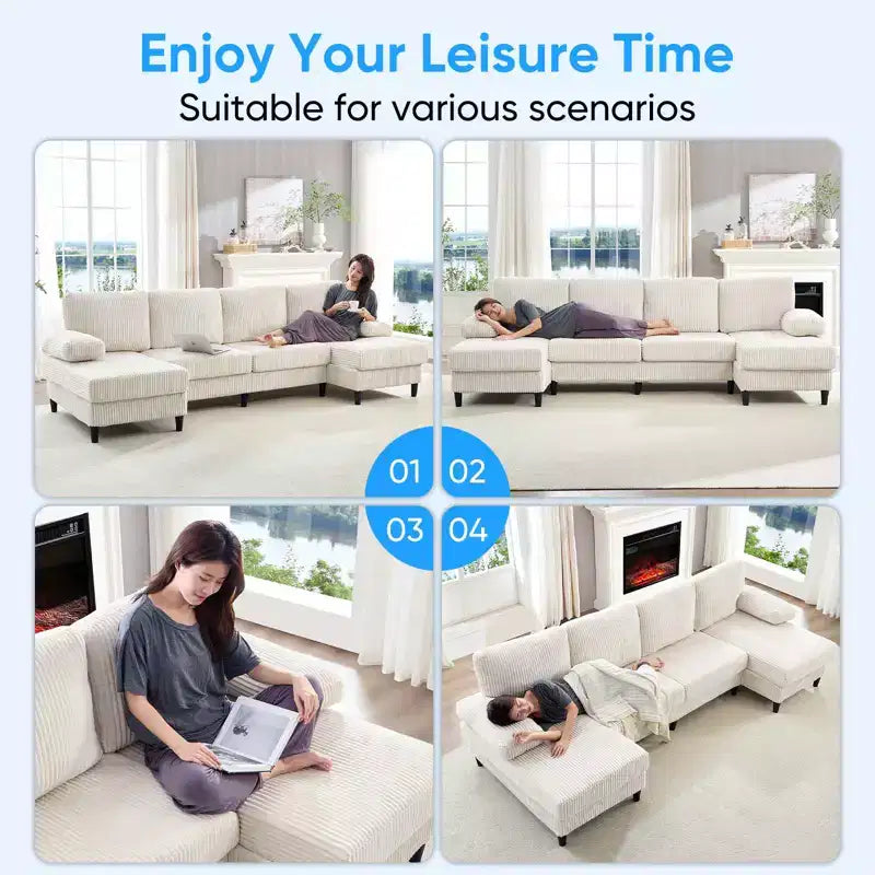 Mjkone 110 U-Shaped Sectional Sofa Couches with Double Chaises and Sleepable Armrests,Corduroy Upholstered 4-Seater Sofa