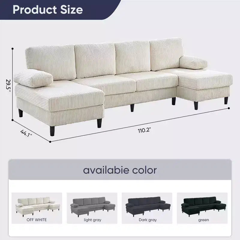 Mjkone 110 U-Shaped Sectional Sofa Couches with Double Chaises and Sleepable Armrests,Corduroy Upholstered 4-Seater Sofa