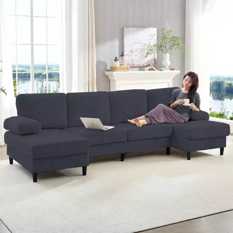Mjkone 110 U-Shaped Sectional Sofa Couches with Double Chaises and Sleepable Armrests,Corduroy Upholstered 4-Seater Sofa