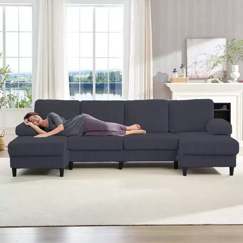Mjkone 110 U-Shaped Sectional Sofa Couches with Double Chaises and Sleepable Armrests,Corduroy Upholstered 4-Seater Sofa