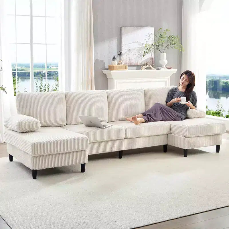 Mjkone 110 U-Shaped Sectional Sofa Couches with Double Chaises and Sleepable Armrests,Corduroy Upholstered 4-Seater Sofa