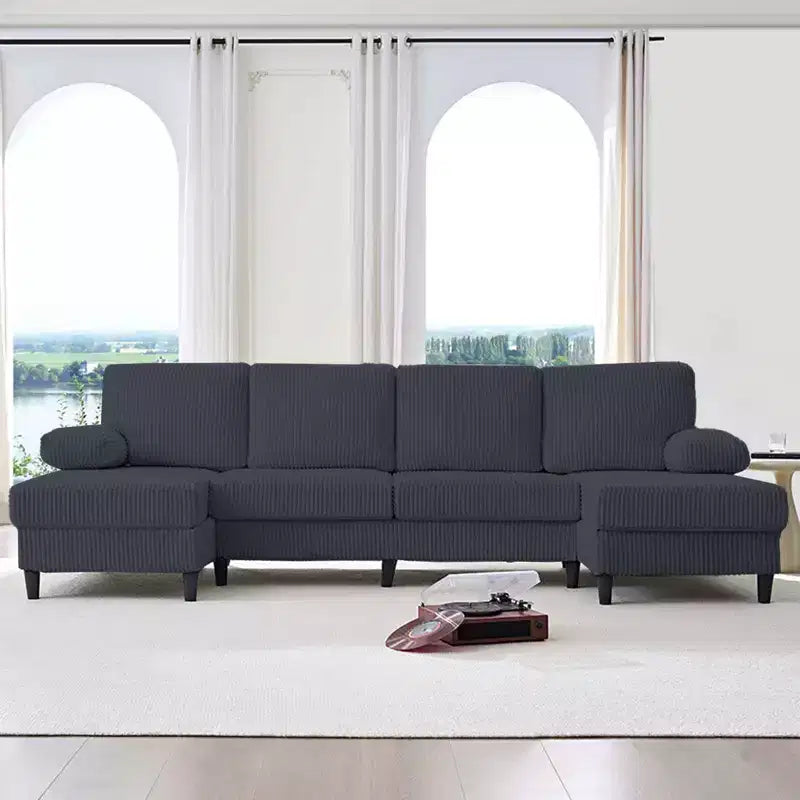 Mjkone 110 U-Shaped Sectional Sofa Couches with Double Chaises and Sleepable Armrests,Corduroy Upholstered 4-Seater Sofa