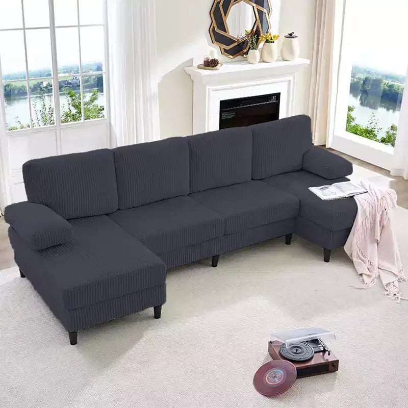 Mjkone 110 U-Shaped Sectional Sofa Couches with Double Chaises and Sleepable Armrests,Corduroy Upholstered 4-Seater Sofa