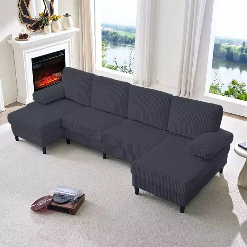 Mjkone 110 U-Shaped Sectional Sofa Couches with Double Chaises and Sleepable Armrests,Corduroy Upholstered 4-Seater Sofa