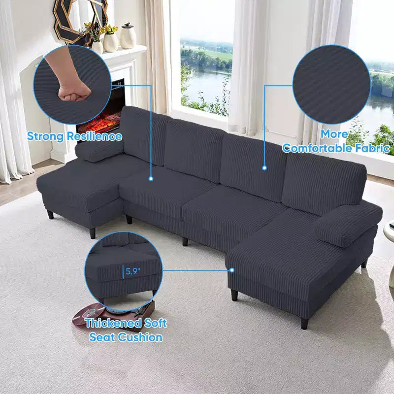 Mjkone 110 U-Shaped Sectional Sofa Couches with Double Chaises and Sleepable Armrests,Corduroy Upholstered 4-Seater Sofa
