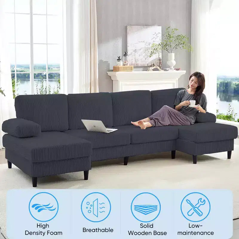 Mjkone 110 U-Shaped Sectional Sofa Couches with Double Chaises and Sleepable Armrests,Corduroy Upholstered 4-Seater Sofa