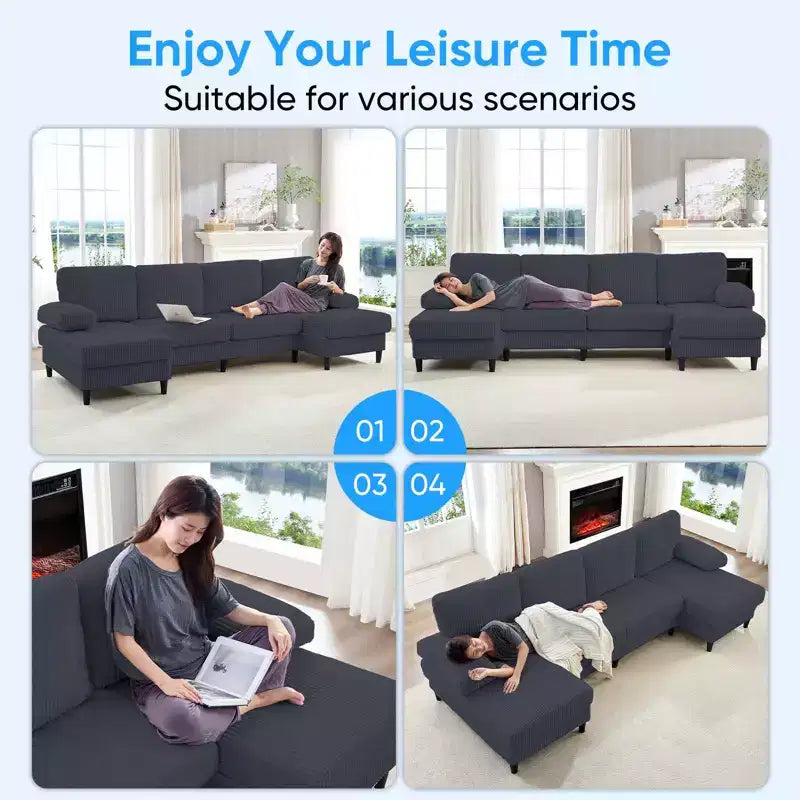 Mjkone 110 U-Shaped Sectional Sofa Couches with Double Chaises and Sleepable Armrests,Corduroy Upholstered 4-Seater Sofa