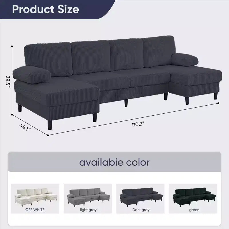 Mjkone 110 U-Shaped Sectional Sofa Couches with Double Chaises and Sleepable Armrests,Corduroy Upholstered 4-Seater Sofa