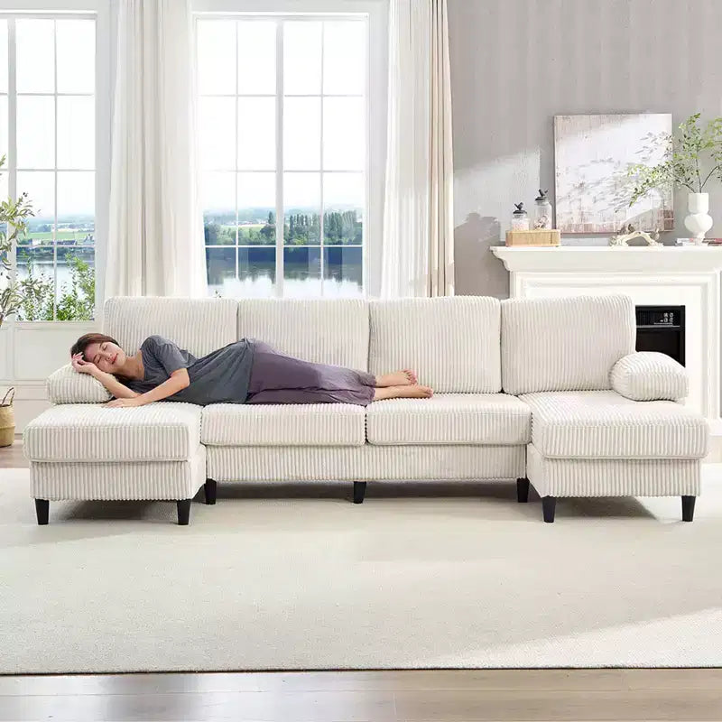 Mjkone 110 U-Shaped Sectional Sofa Couches with Double Chaises and Sleepable Armrests,Corduroy Upholstered 4-Seater Sofa