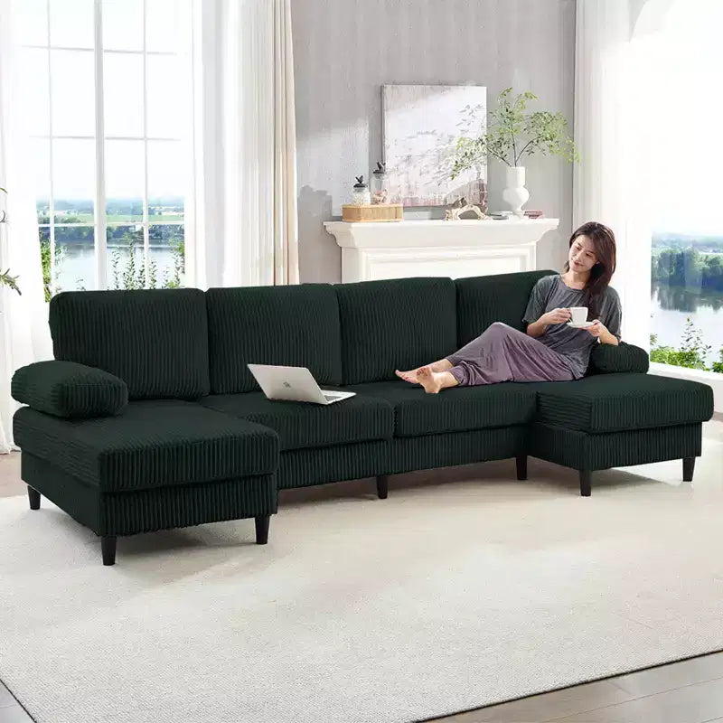 Mjkone 110 U-Shaped Sectional Sofa Couches with Double Chaises and Sleepable Armrests,Corduroy Upholstered 4-Seater Sofa