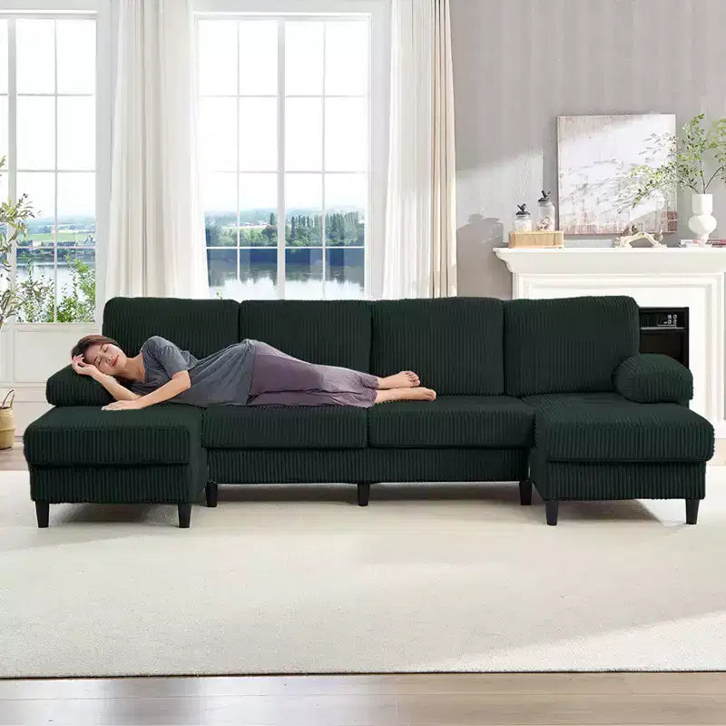 Mjkone 110 U-Shaped Sectional Sofa Couches with Double Chaises and Sleepable Armrests,Corduroy Upholstered 4-Seater Sofa