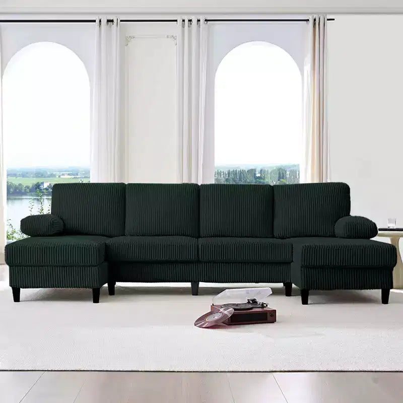 Mjkone 110 U-Shaped Sectional Sofa Couches with Double Chaises and Sleepable Armrests,Corduroy Upholstered 4-Seater Sofa