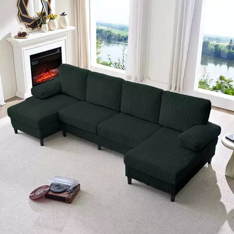 Mjkone 110 U-Shaped Sectional Sofa Couches with Double Chaises and Sleepable Armrests,Corduroy Upholstered 4-Seater Sofa