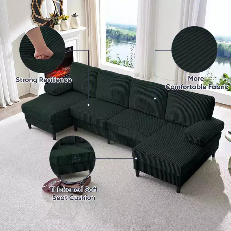 Mjkone 110 U-Shaped Sectional Sofa Couches with Double Chaises and Sleepable Armrests,Corduroy Upholstered 4-Seater Sofa