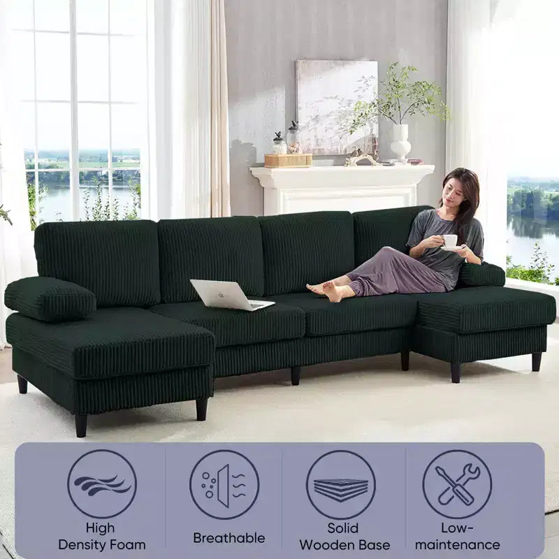 Mjkone 110 U-Shaped Sectional Sofa Couches with Double Chaises and Sleepable Armrests,Corduroy Upholstered 4-Seater Sofa