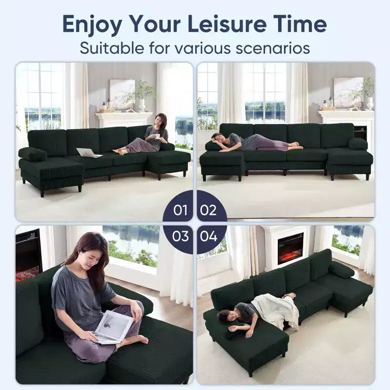 Mjkone 110 U-Shaped Sectional Sofa Couches with Double Chaises and Sleepable Armrests,Corduroy Upholstered 4-Seater Sofa