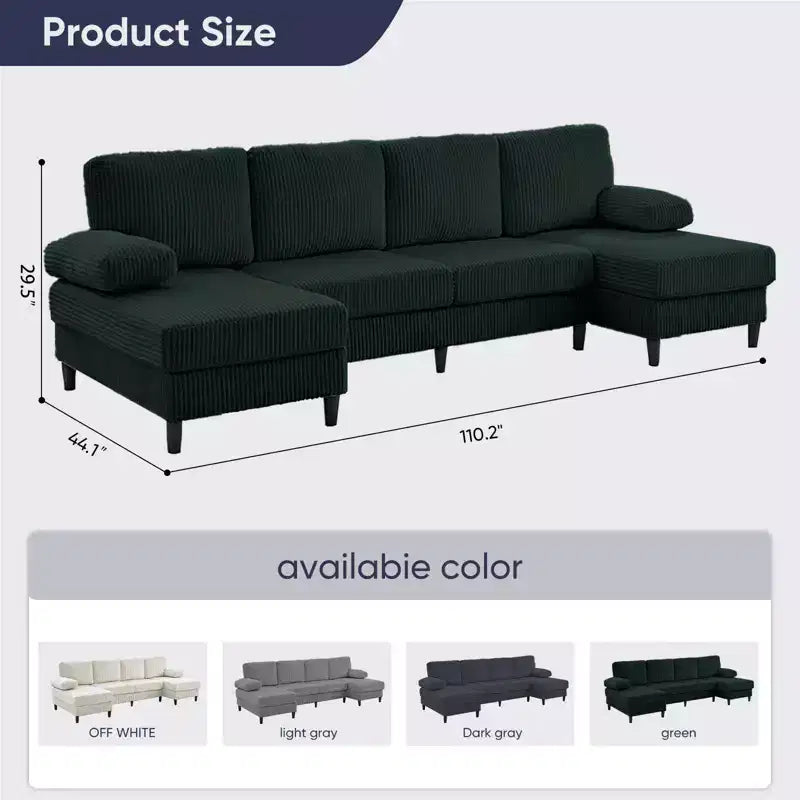 Mjkone 110 U-Shaped Sectional Sofa Couches with Double Chaises and Sleepable Armrests,Corduroy Upholstered 4-Seater Sofa
