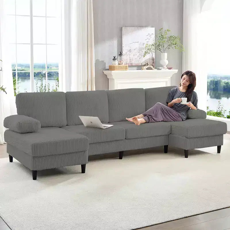 Mjkone 110 U-Shaped Sectional Sofa Couches with Double Chaises and Sleepable Armrests,Corduroy Upholstered 4-Seater Sofa